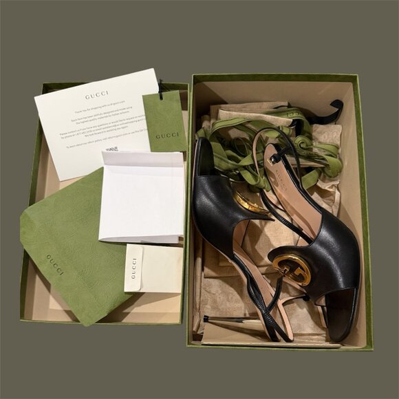 Gucci Blondie Logo High Heel Sandals Black Gold – Size 41 (New in Box) - Picture 5 of 7